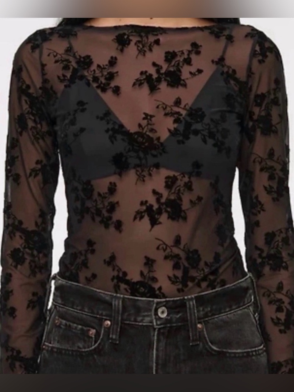 Abercrombie & Fitch Sheer Floral Burnout Long-Sleeve Top - Black